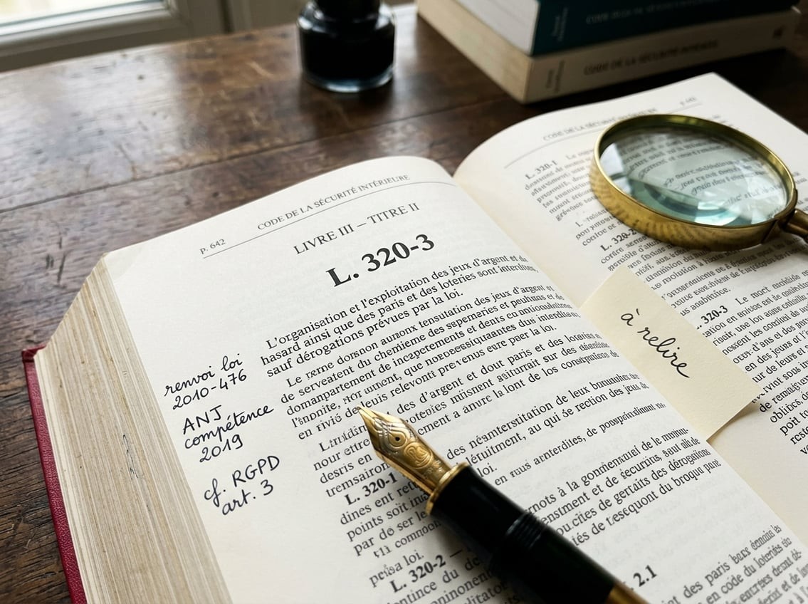 Vue en plongée d'un code de droit ouvert avec article surligné, stylo plume et notes manuscrites en français dans les marges